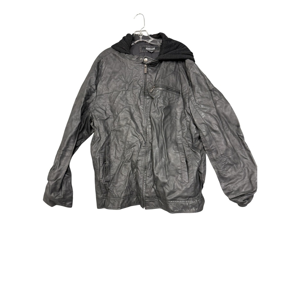 Kenneth Cole Reaction Jacket Mens 2XL Black Faux Leather‎ Hooded Moto Zip Bomber